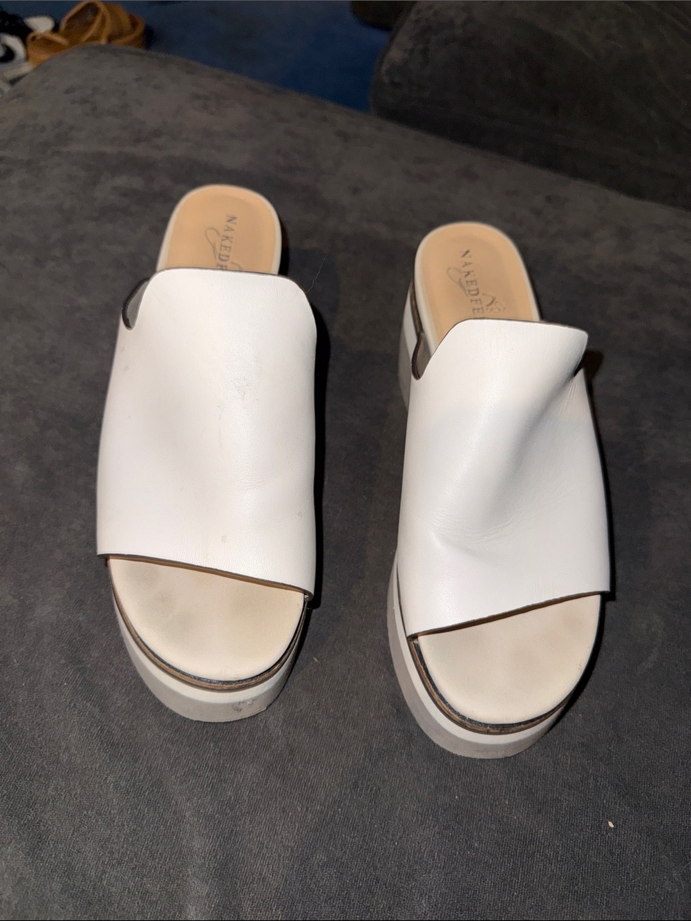 Naked Feet White Leather Platform Slide Mules